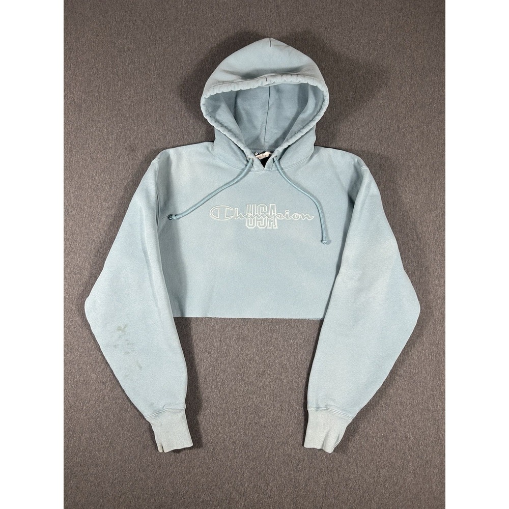 Champion Reverse Weave USA Logo Cropped Hoodie Light Blue Size Medium